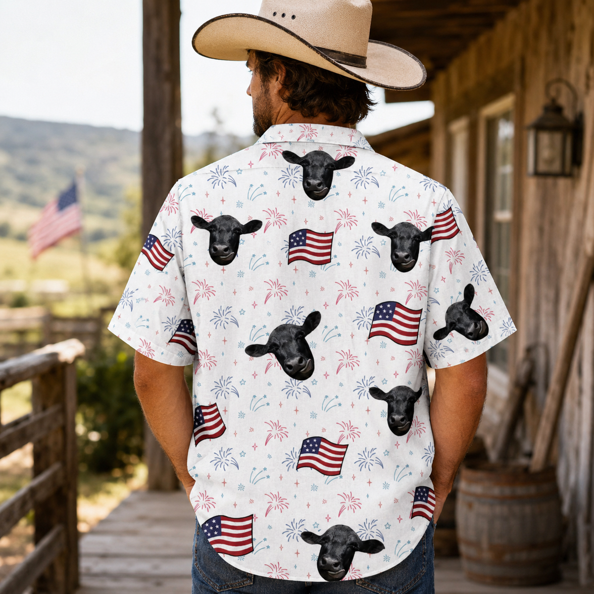 Moorica Black Angus Statue of Liberty Hawaiian Shirt - 4th of July Patriotic Cow USA Shirt for Men