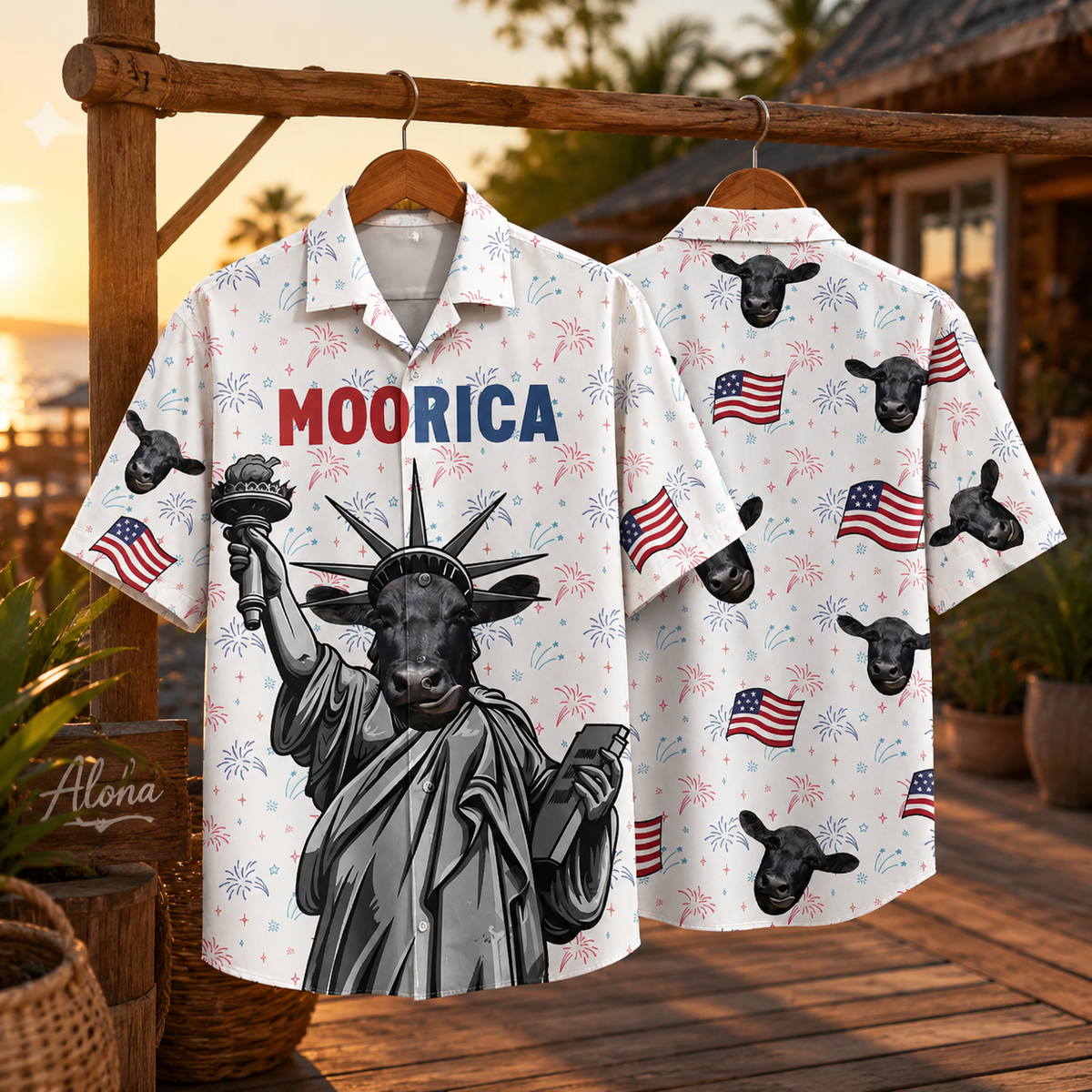 Moorica Black Angus Statue of Liberty Hawaiian Shirt - 4th of July Patriotic Cow USA Shirt for Men