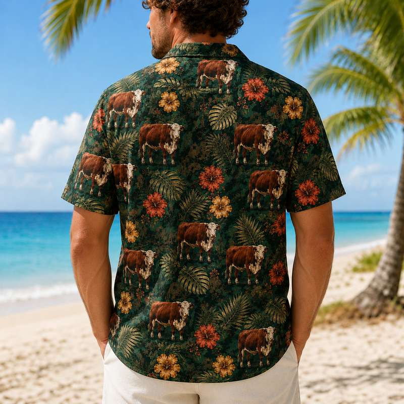 Hereford Cattle Hawaiian Shirt for Men, Vintage Tropical Floral Aloha Button-Up Summer Beach Shirt, Cattle Rancher Gift