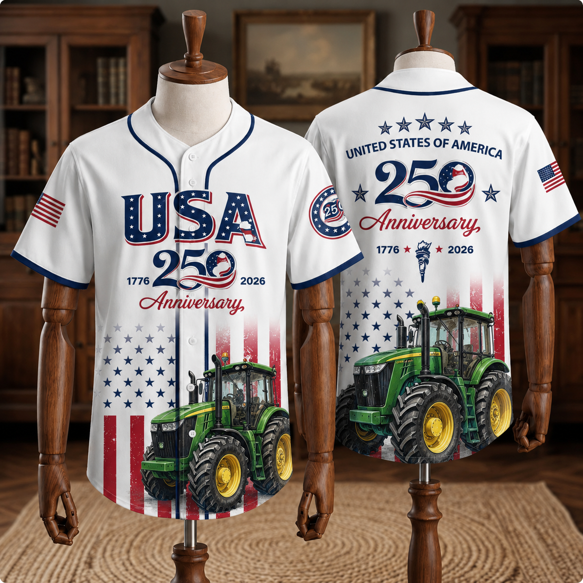 USA 250 Anniversary Green Tractor Baseball Jersey 2026 - Patriotic Farmer 4th of July Shirt - 1776-2026 Limited Edition