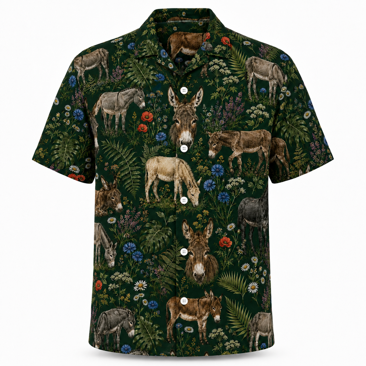Donkey Hawaiian Shirt — British Countryside Wildflower Print Button-Up Shirt for Donkey Lovers