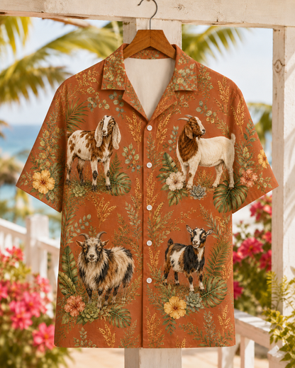 Vintage Goat Hawaiian Shirt - Terracotta Rust Heritage Farmhouse Aloha - Goat Lover Gift for Men Women