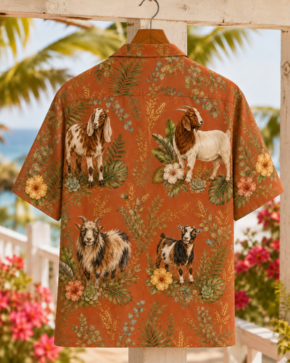 Vintage Goat Hawaiian Shirt - Terracotta Rust Heritage Farmhouse Aloha - Goat Lover Gift for Men Women