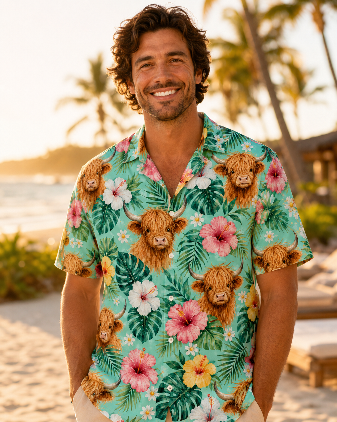 Highland Cow Tropical Hawaiian Shirt - Summer Beach Vacation Mint Green Floral Shirt
