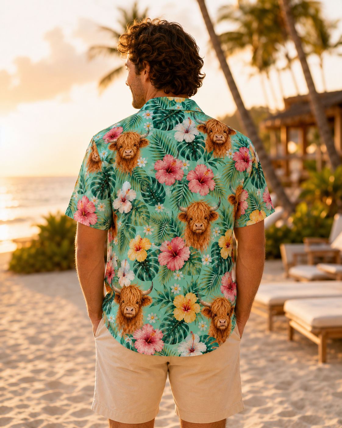 Highland Cow Tropical Hawaiian Shirt - Summer Beach Vacation Mint Green Floral Shirt