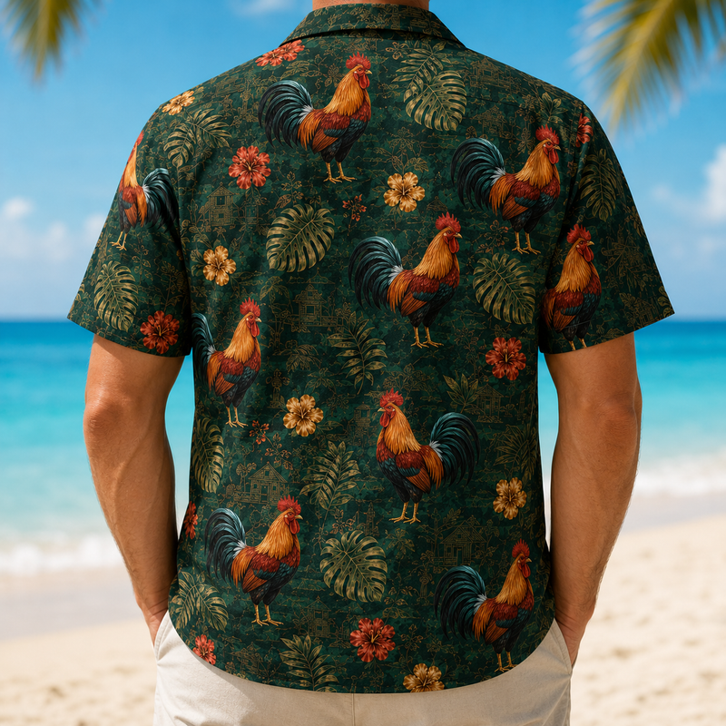 Rooster Hawaiian Shirt for Men, Vintage Green Tropical Aloha Button-Up, Hibiscus Floral Beach Shirt, Summer Gift for Chicken Lovers