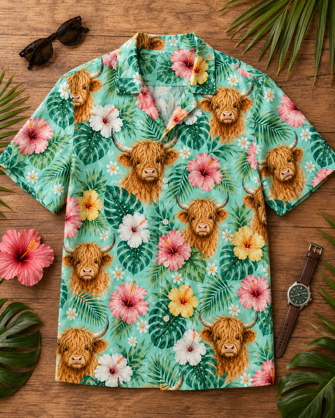 Highland Cow Tropical Hawaiian Shirt - Summer Beach Vacation Mint Green Floral Shirt