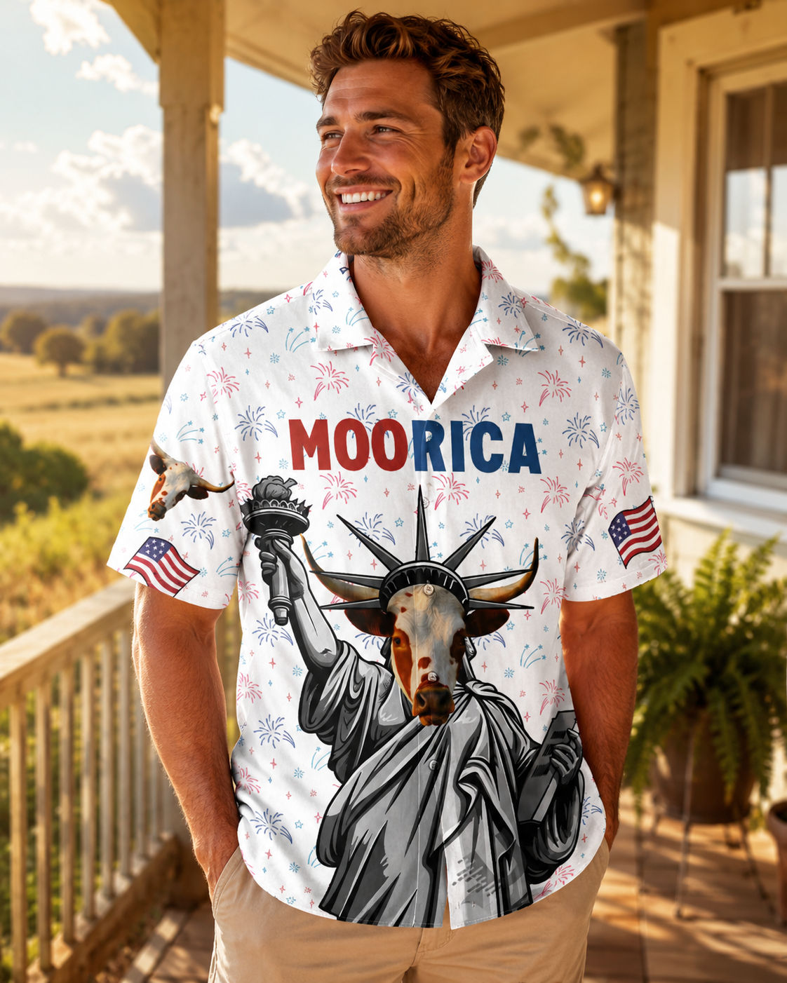MOORICA Texas Longhorn Statue of Liberty Hawaiian Shirt - 4th of July Patriotic Cow USA Shirt for Men