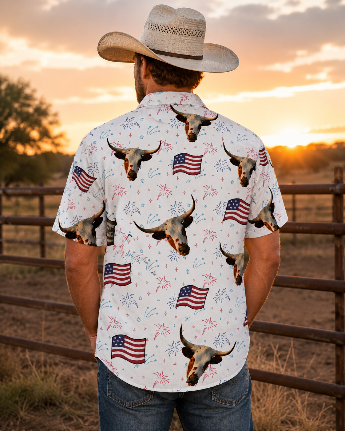 MOORICA Texas Longhorn Statue of Liberty Hawaiian Shirt - 4th of July Patriotic Cow USA Shirt for Men