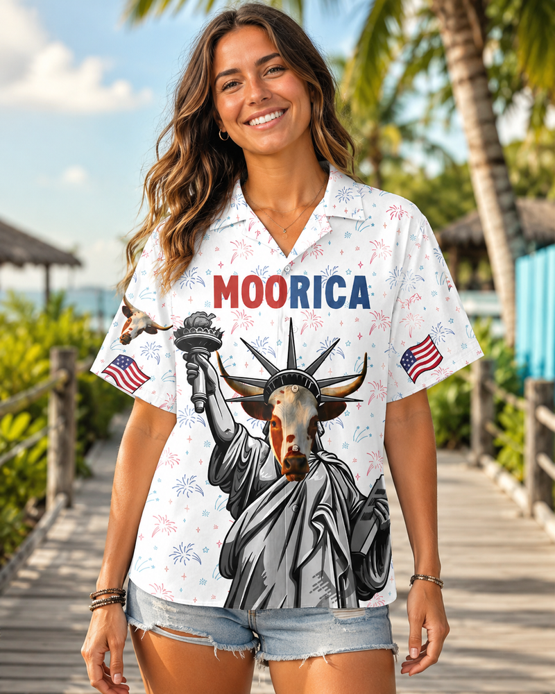 MOORICA Texas Longhorn Statue of Liberty Hawaiian Shirt - 4th of July Patriotic Cow USA Shirt for Men