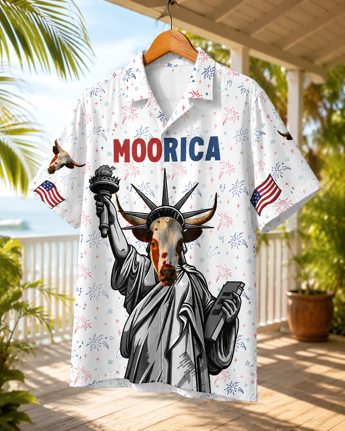 MOORICA Texas Longhorn Statue of Liberty Hawaiian Shirt - 4th of July Patriotic Cow USA Shirt for Men