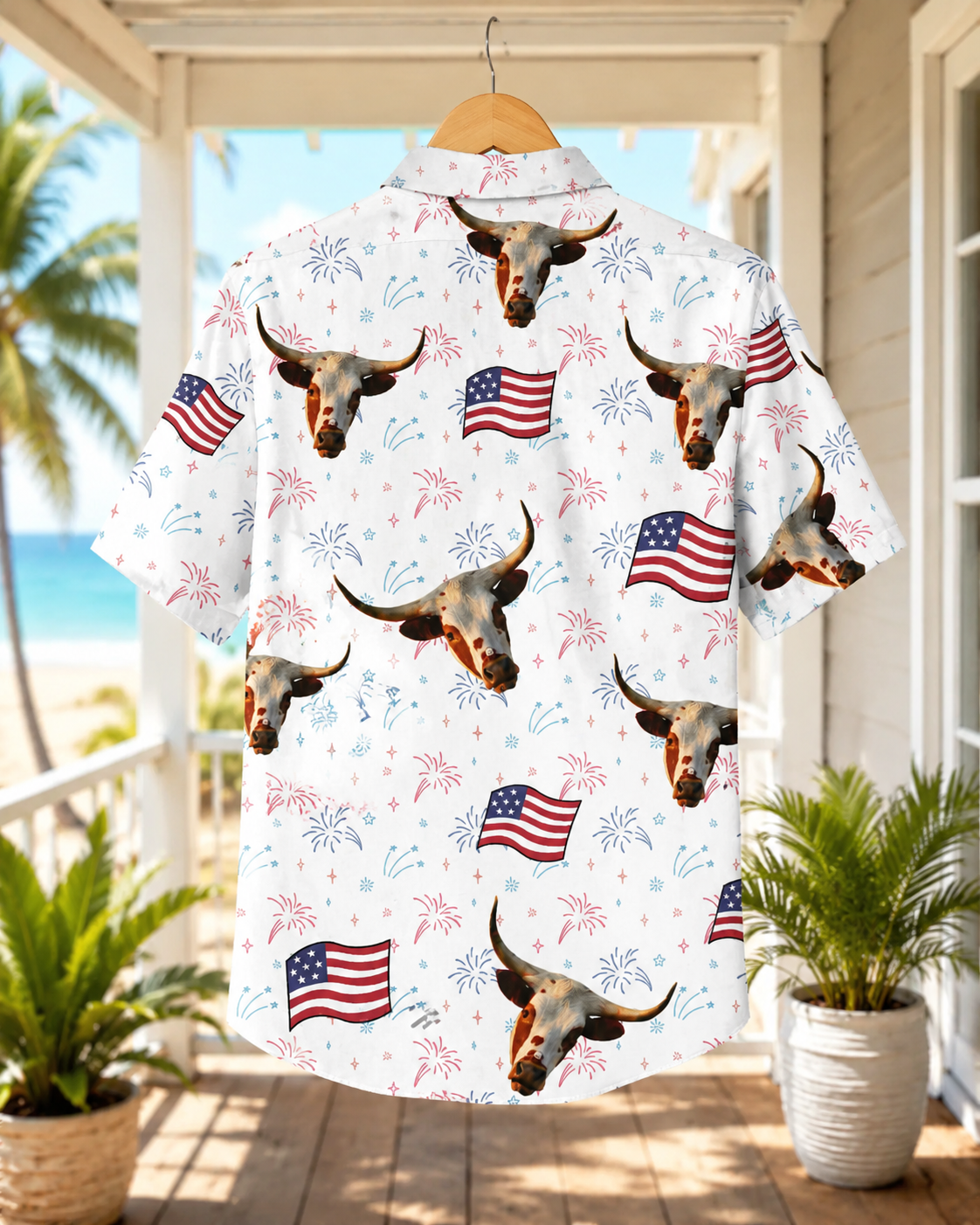 MOORICA Texas Longhorn Statue of Liberty Hawaiian Shirt - 4th of July Patriotic Cow USA Shirt for Men