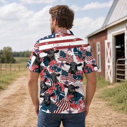 Black Angus Cattle American Flag Hawaiian Shirt for Men - Patriotic Farm 4th of July Aloha Shirt