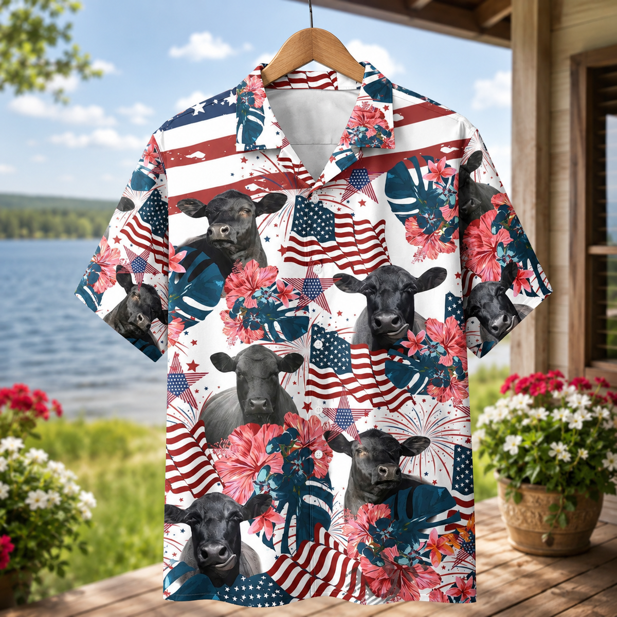Black Angus Cattle American Flag Hawaiian Shirt for Men - Patriotic Farm 4th of July Aloha Shirt