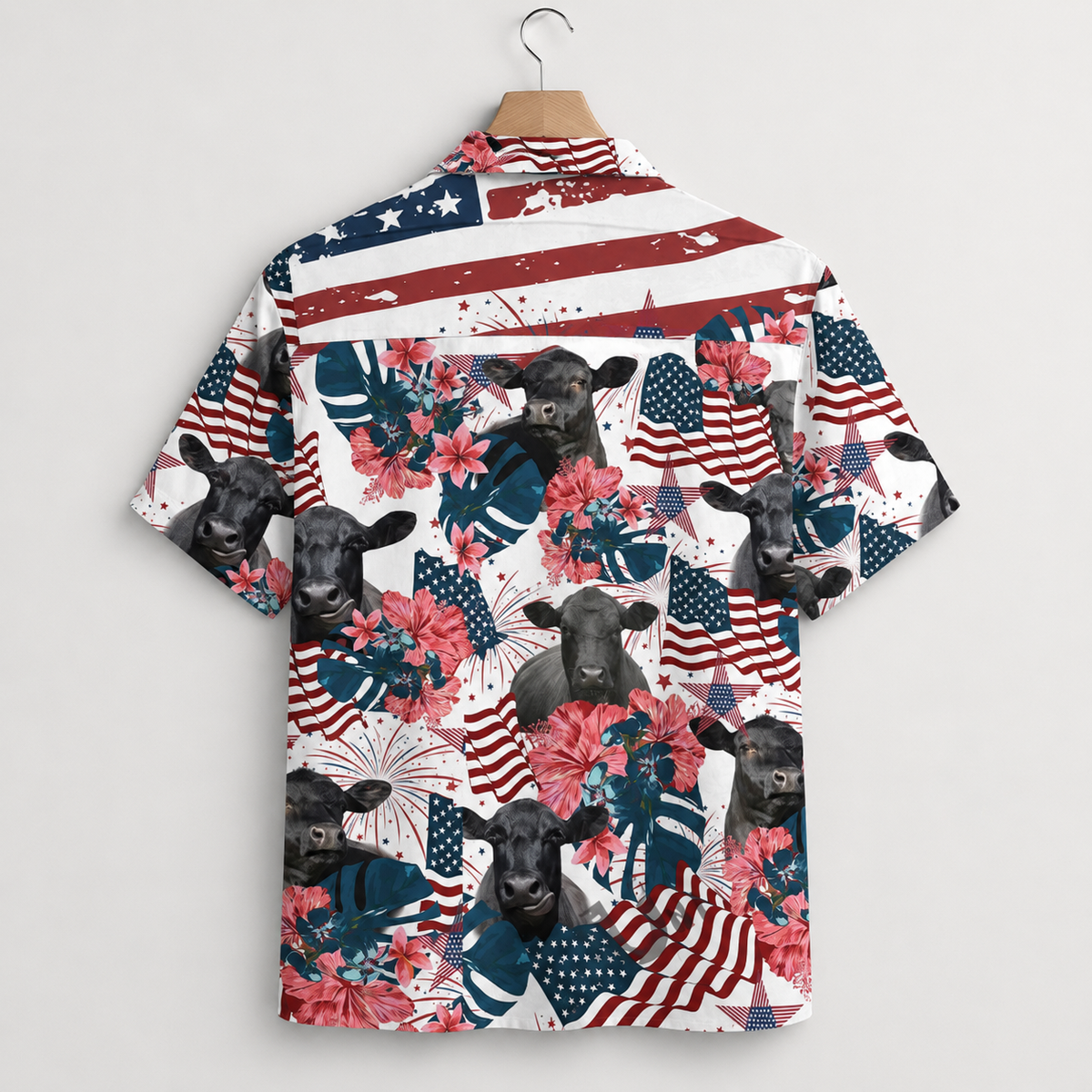 Black Angus Cattle American Flag Hawaiian Shirt for Men - Patriotic Farm 4th of July Aloha Shirt