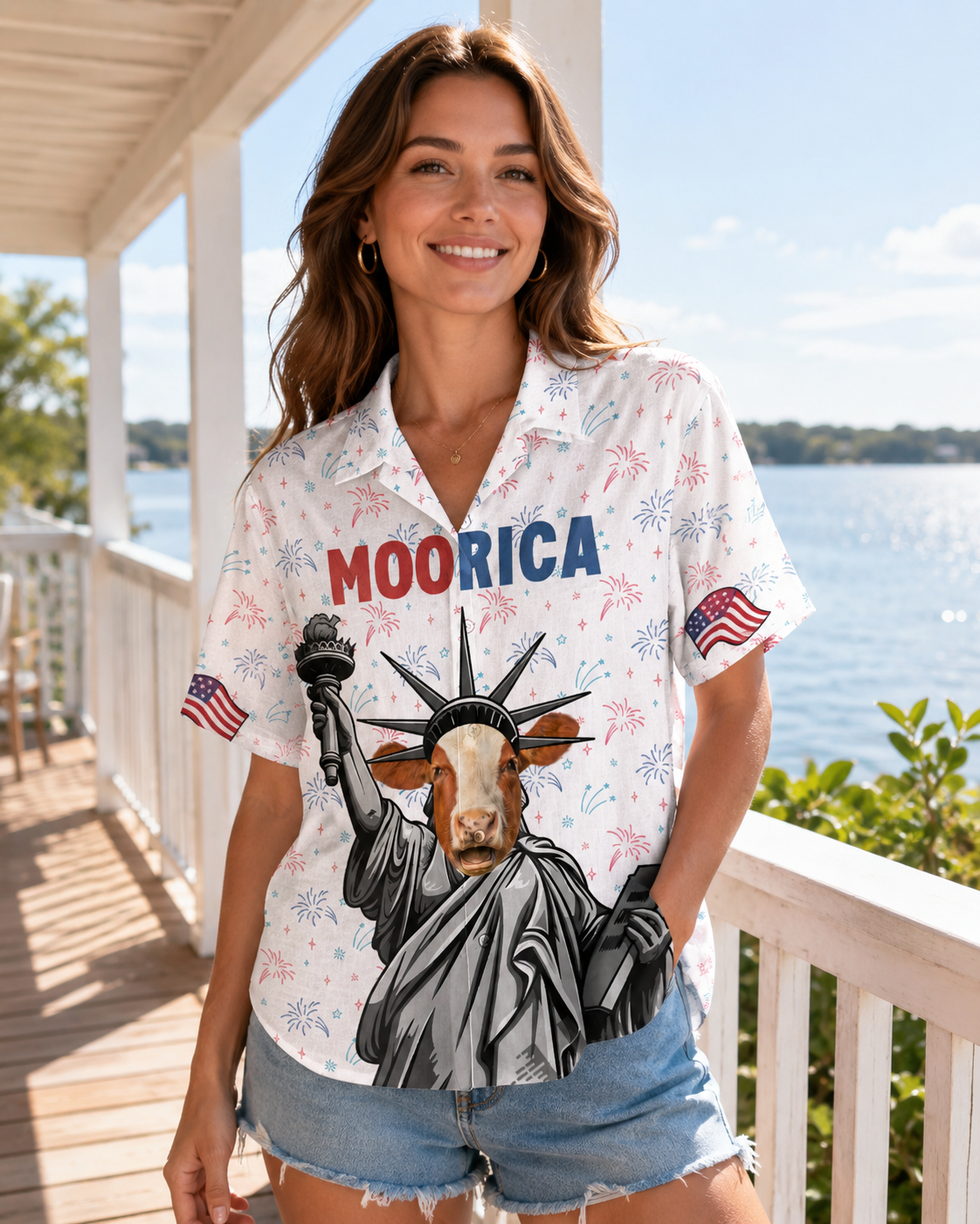 MOORICA Hereford Cattle Statue of Liberty Hawaiian Shirt - 4th of July Patriotic Cow USA Aloha Shirt