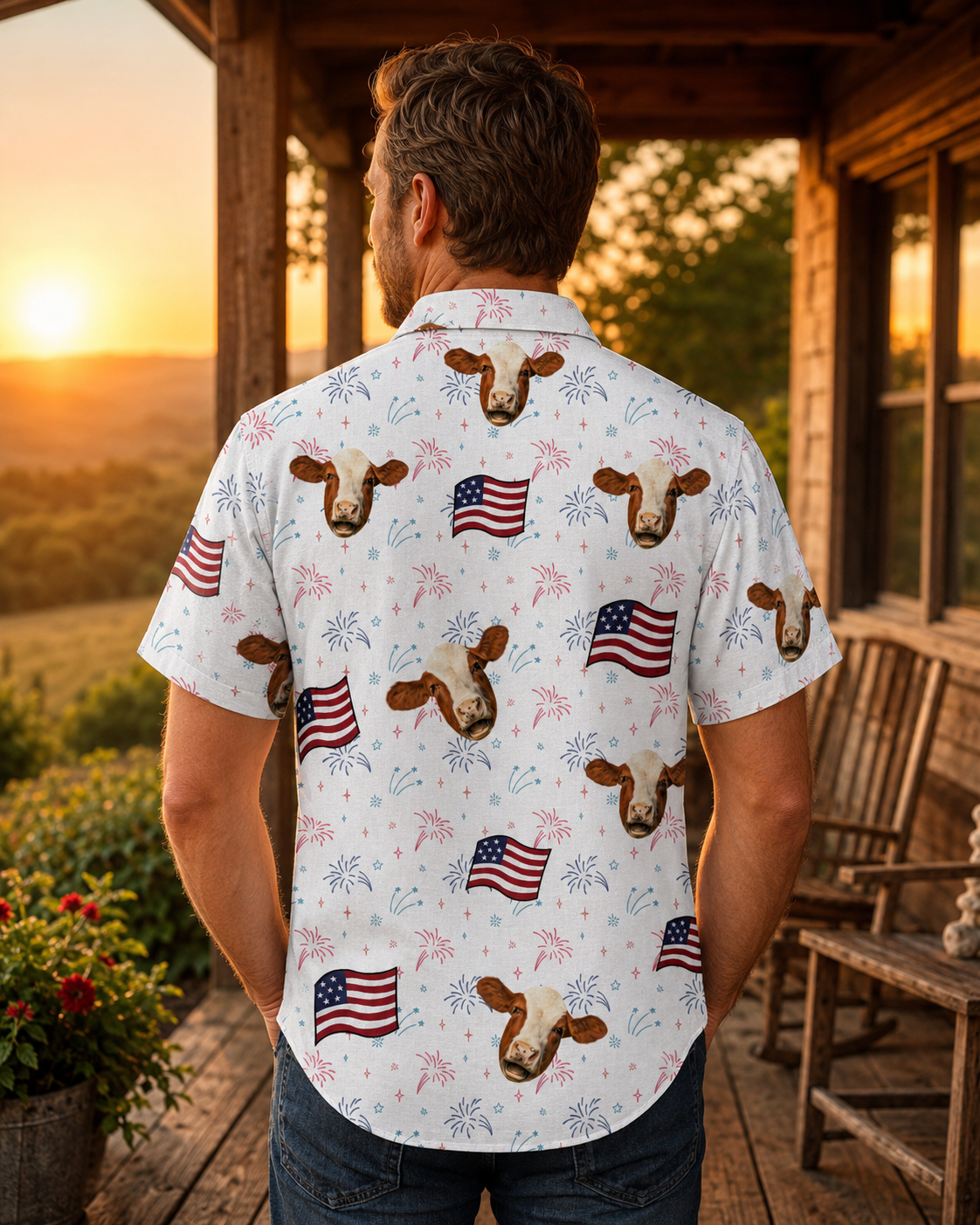 MOORICA Hereford Cattle Statue of Liberty Hawaiian Shirt - 4th of July Patriotic Cow USA Aloha Shirt