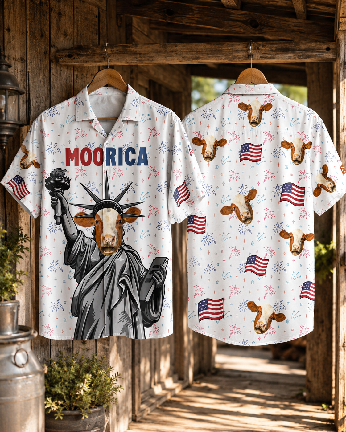 MOORICA Hereford Cattle Statue of Liberty Hawaiian Shirt - 4th of July Patriotic Cow USA Aloha Shirt