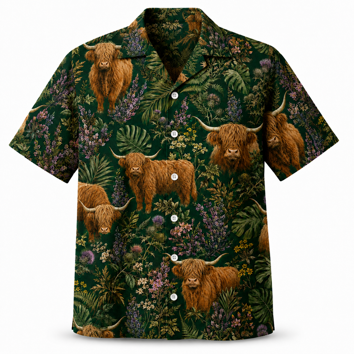 Highland Cow Hawaiian Shirt — British Countryside Wildflower Print Button-Up Shirt for Highland Cattle Lovers