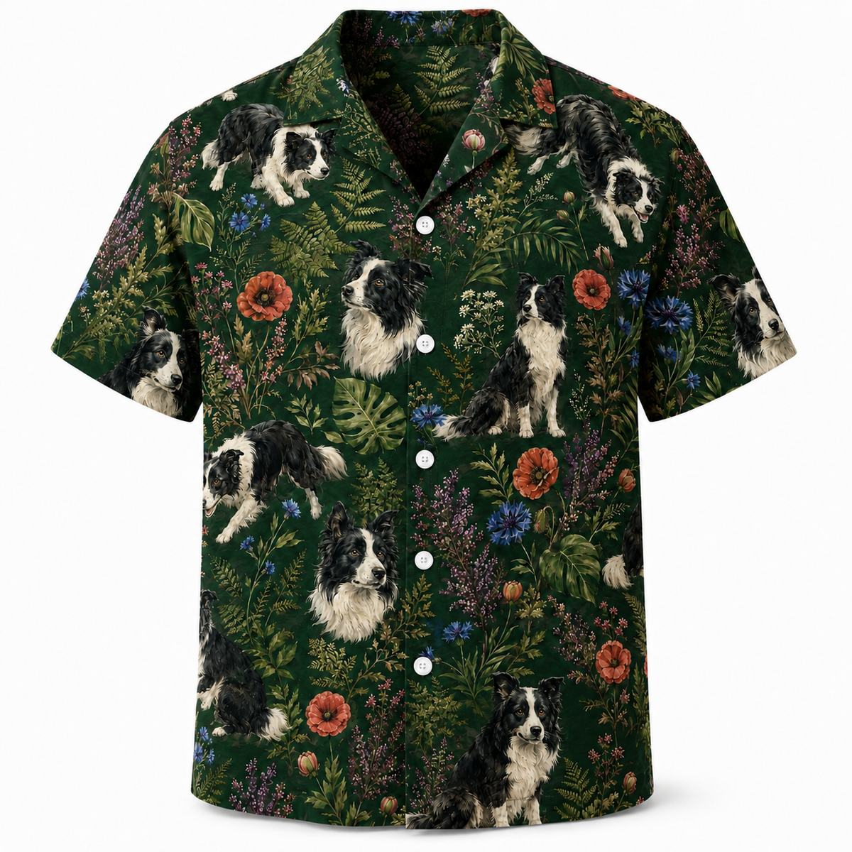 Border Collie Hawaiian Shirt — British Countryside Wildflower Print Button-Up Shirt for Dog Lovers