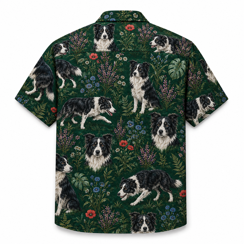 Border Collie Hawaiian Shirt — British Countryside Wildflower Print Button-Up Shirt for Dog Lovers