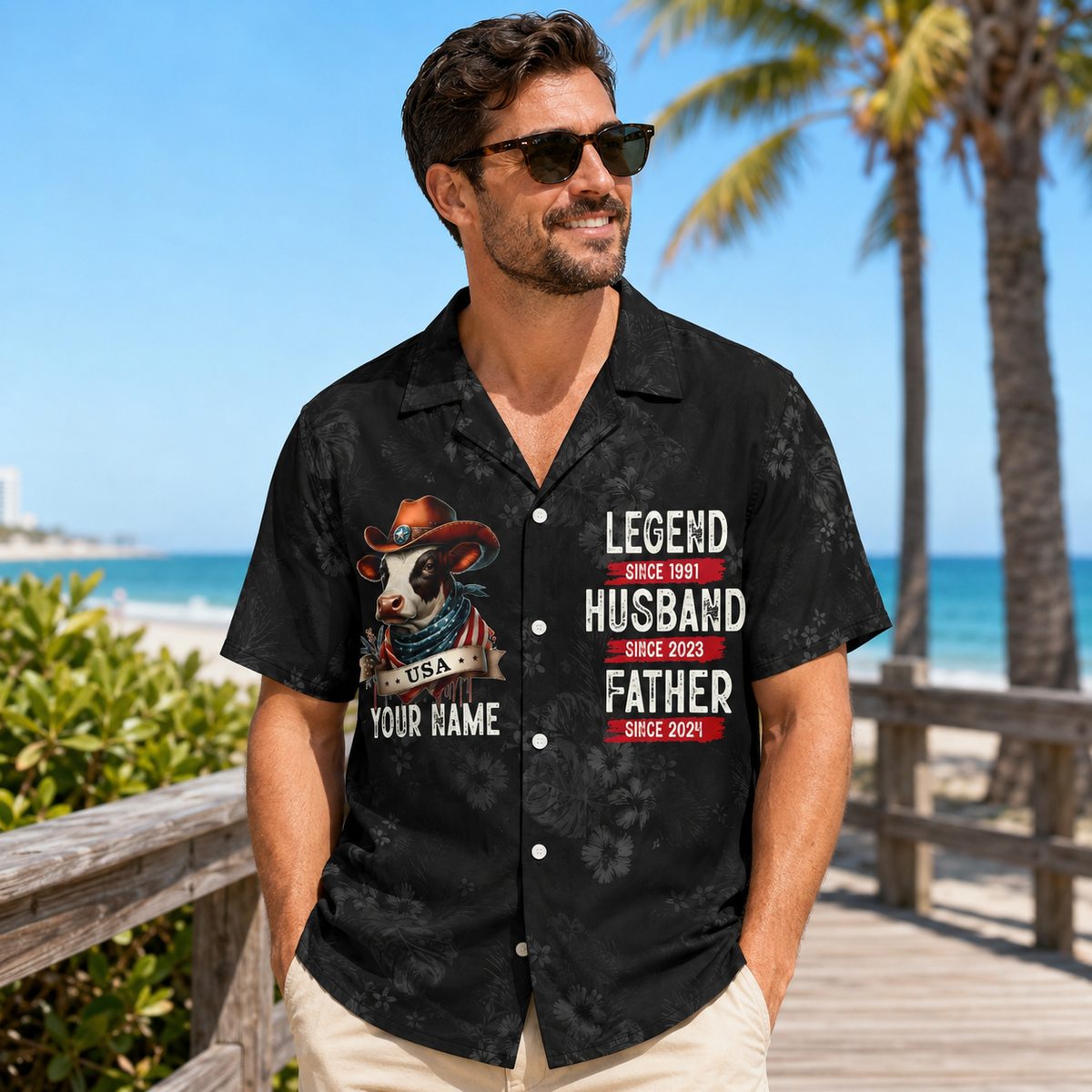 Personalized Cowboy Cow Hawaiian Shirt for Men - Custom Legend Husband Father USA Flag Gift