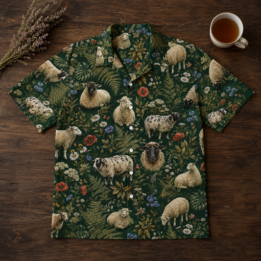 Sheep Hawaiian Shirt — British Countryside Wildflower Print Button-Up Shirt for Sheep Lovers