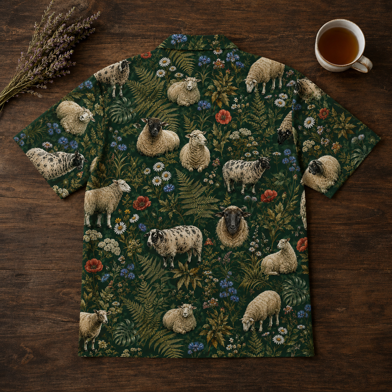 Sheep Hawaiian Shirt — British Countryside Wildflower Print Button-Up Shirt for Sheep Lovers