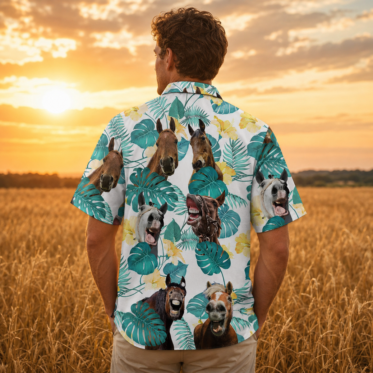 Funny Laughing Horse Hawaiian Shirt for Men - Cute Tropical Horse Lover Beach Aloha Shirt Gift