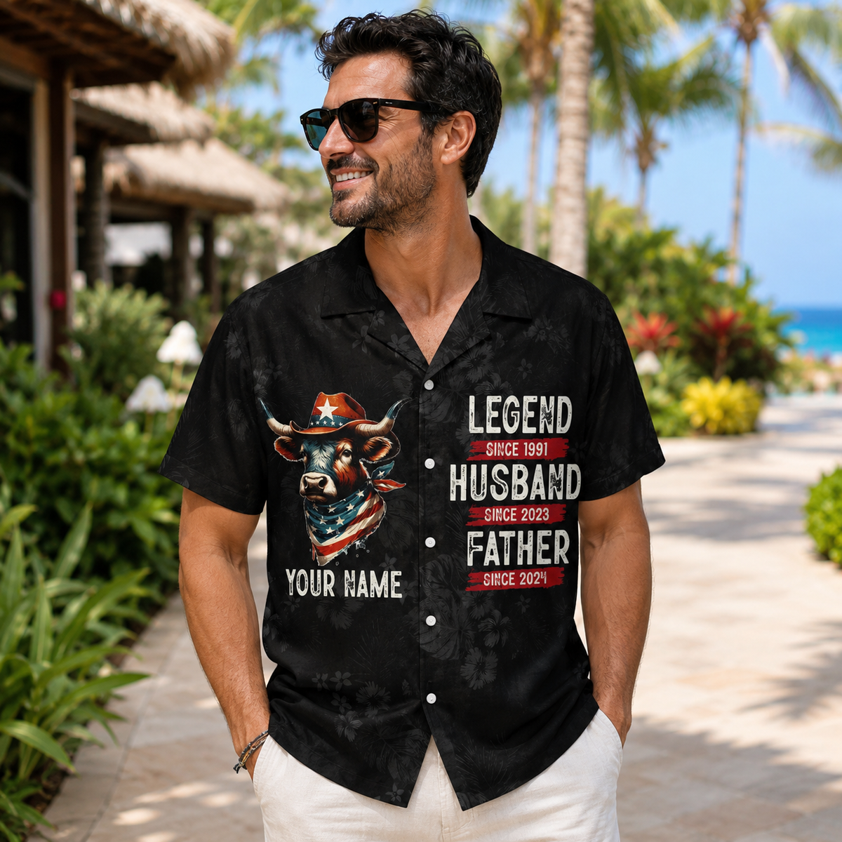 Personalized Texas Longhorn Cowboy Hawaiian Shirt for Men - Custom Legend Husband Father USA Flag Gift