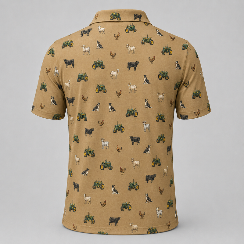 Farm Life Polo Shirt — All-Over Tractor & Farm Animal Print Performance Golf Polo for Farmers