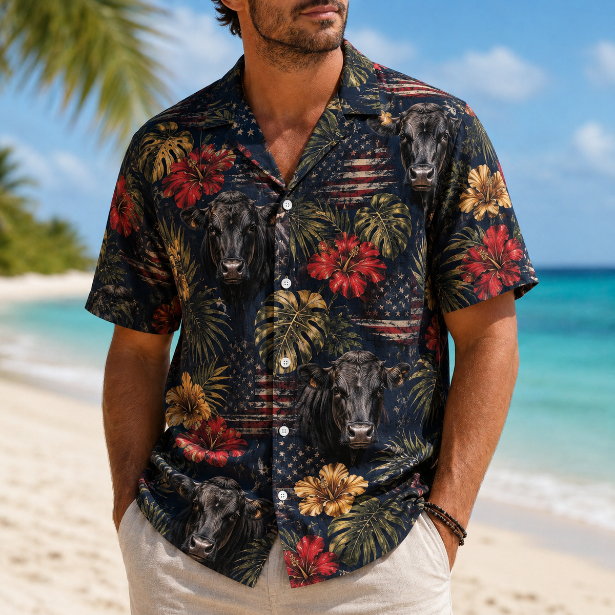 Black Angus Hawaiian Shirt for Men, Patriotic American Flag Tropical Aloha Button-Up Summer Beach Shirt, Cattle Farmer Gift