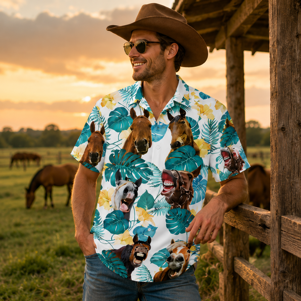 Funny Laughing Horse Hawaiian Shirt for Men - Cute Tropical Horse Lover Beach Aloha Shirt Gift