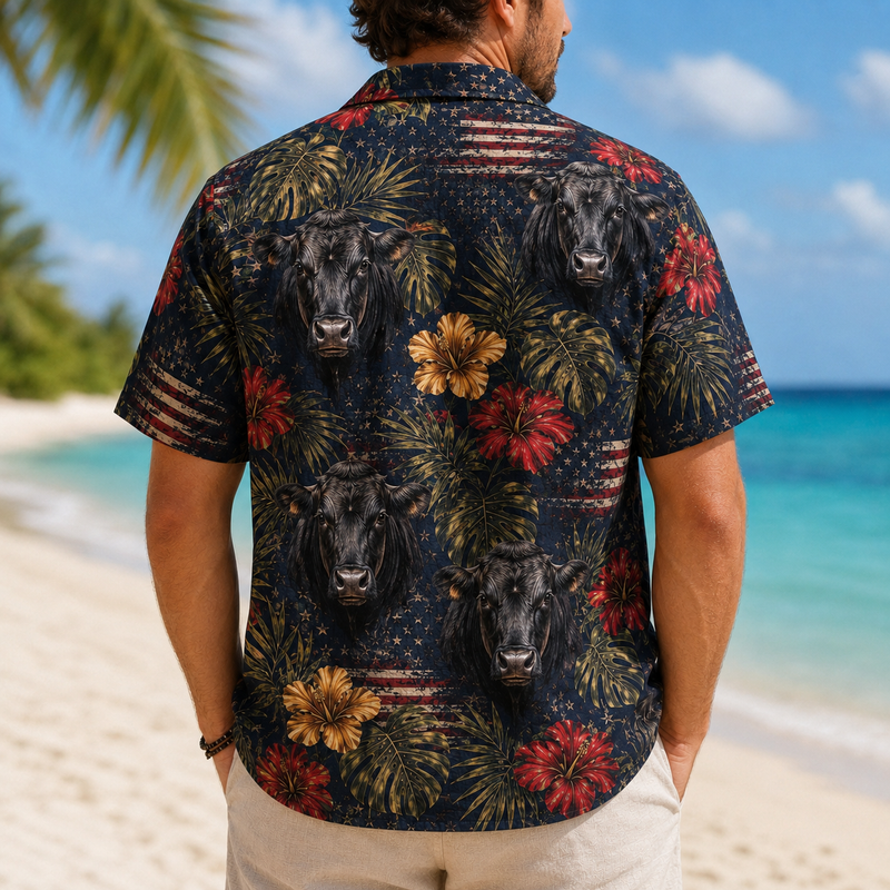 Black Angus Hawaiian Shirt for Men, Patriotic American Flag Tropical Aloha Button-Up Summer Beach Shirt, Cattle Farmer Gift