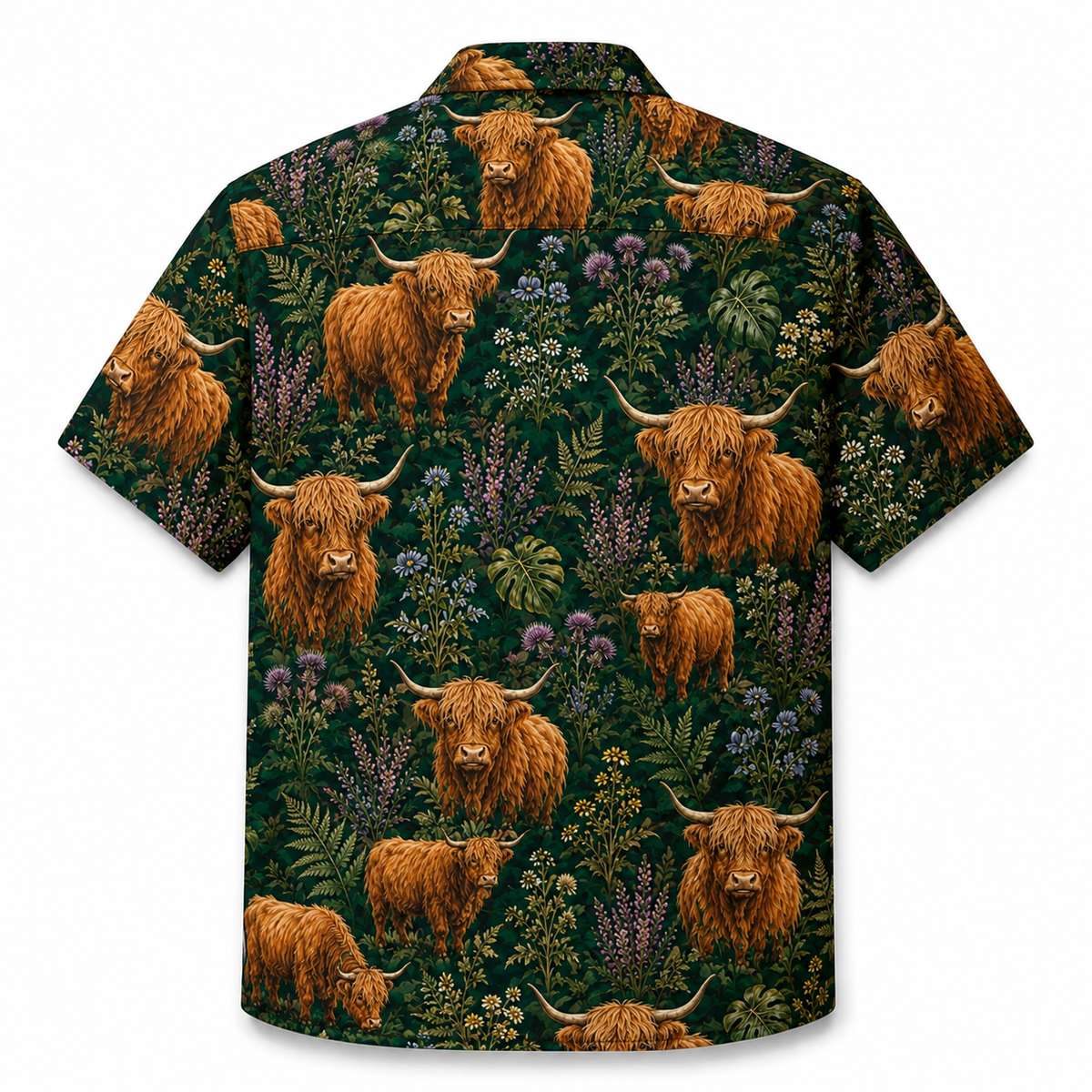 Highland Cow Hawaiian Shirt — British Countryside Wildflower Print Button-Up Shirt for Highland Cattle Lovers