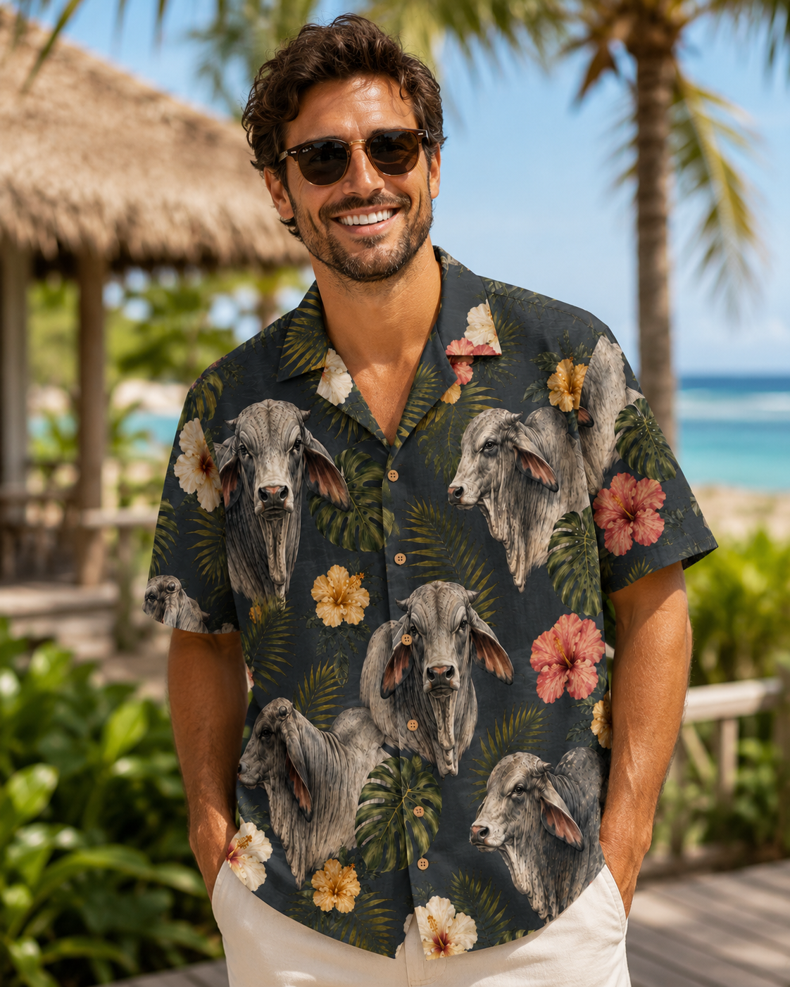 Brahman Bull Tropical Hawaiian Shirt for Men & Women | Western Aloha Button Down Summer Beach Shirt