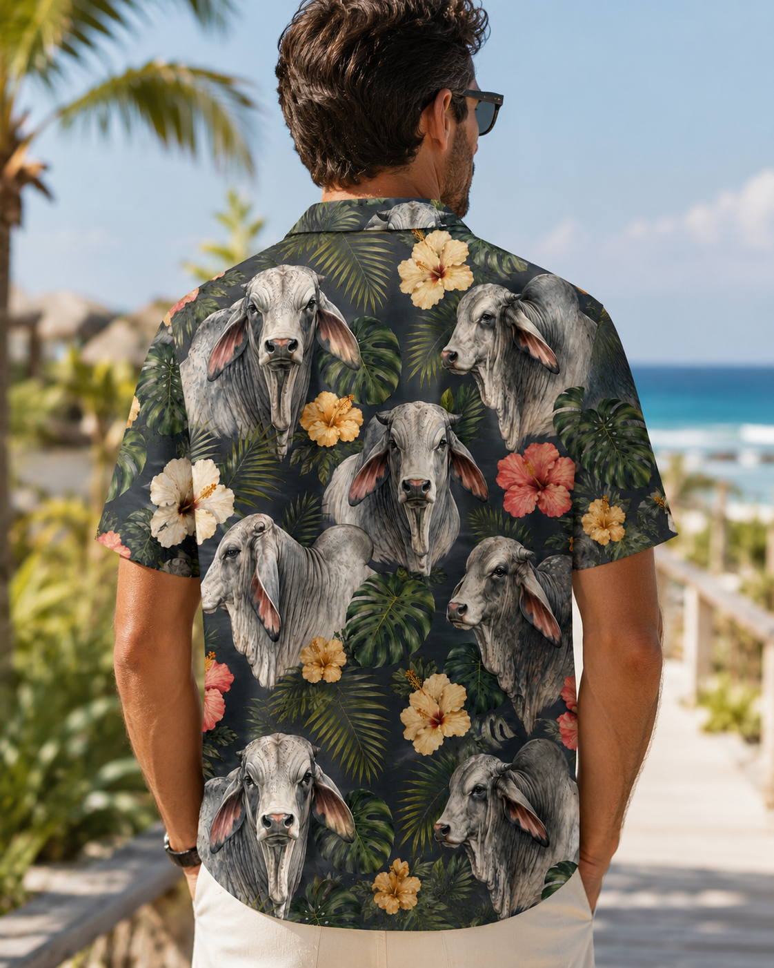 Brahman Bull Tropical Hawaiian Shirt for Men & Women | Western Aloha Button Down Summer Beach Shirt