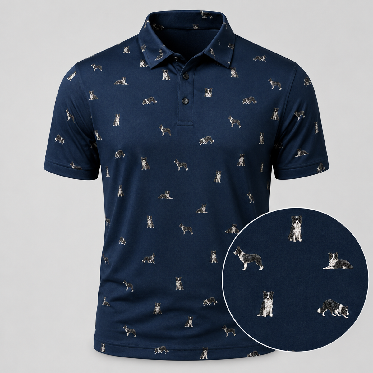 Border Collie Polo Shirt — All-Over Border Collie Print Performance Golf Polo for Dog Lovers