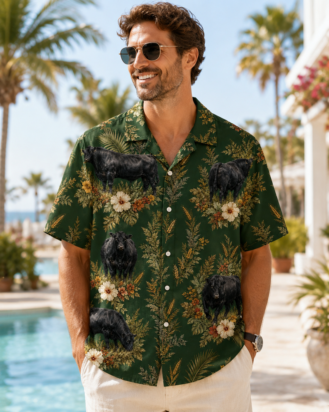 Vintage Black Angus Hawaiian Shirt - Forest Green Heritage Cattleman Aloha - Cattle Rancher Gift for Men Women