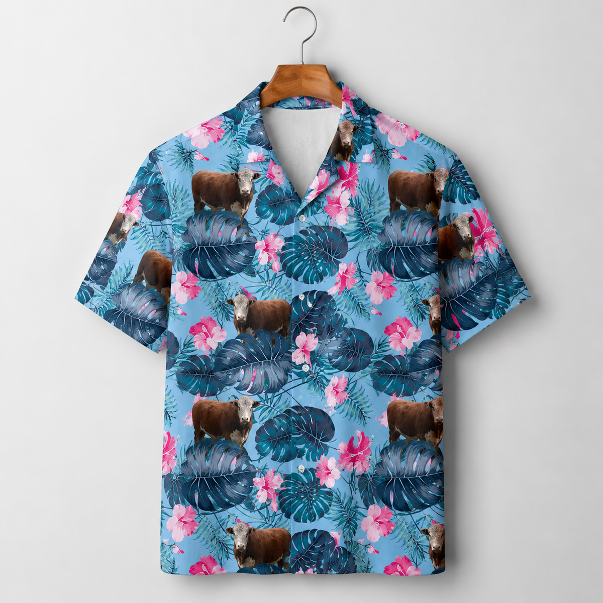 Hereford Cattle Tropical Hawaiian Shirt for Men - Pink Hibiscus Cow Farm Beach Aloha Shirt