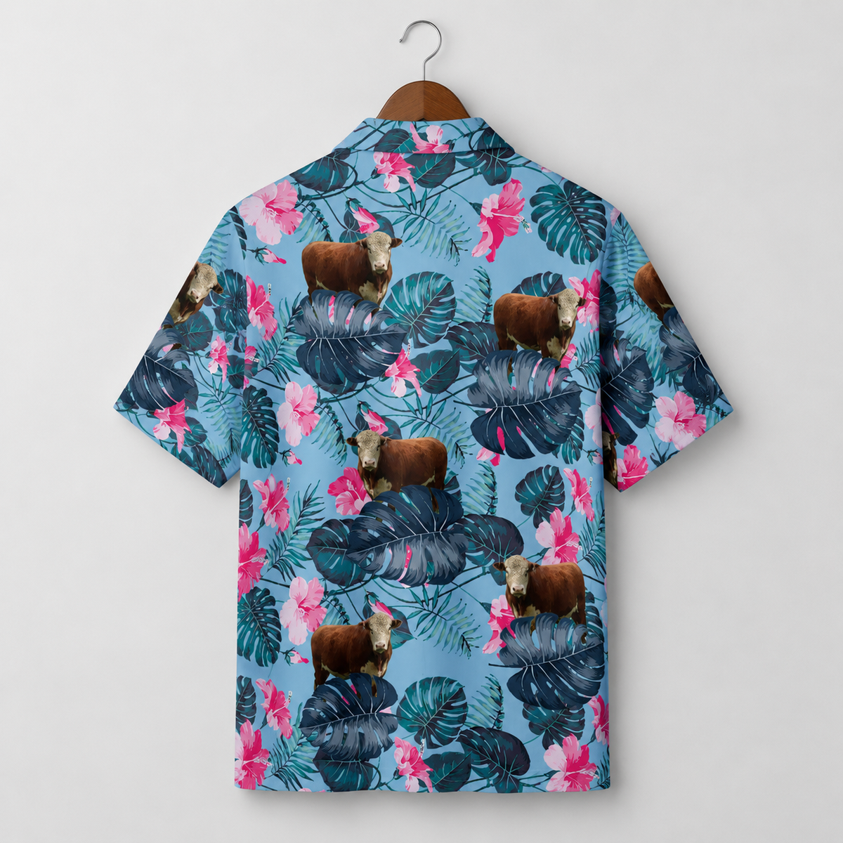 Hereford Cattle Tropical Hawaiian Shirt for Men - Pink Hibiscus Cow Farm Beach Aloha Shirt