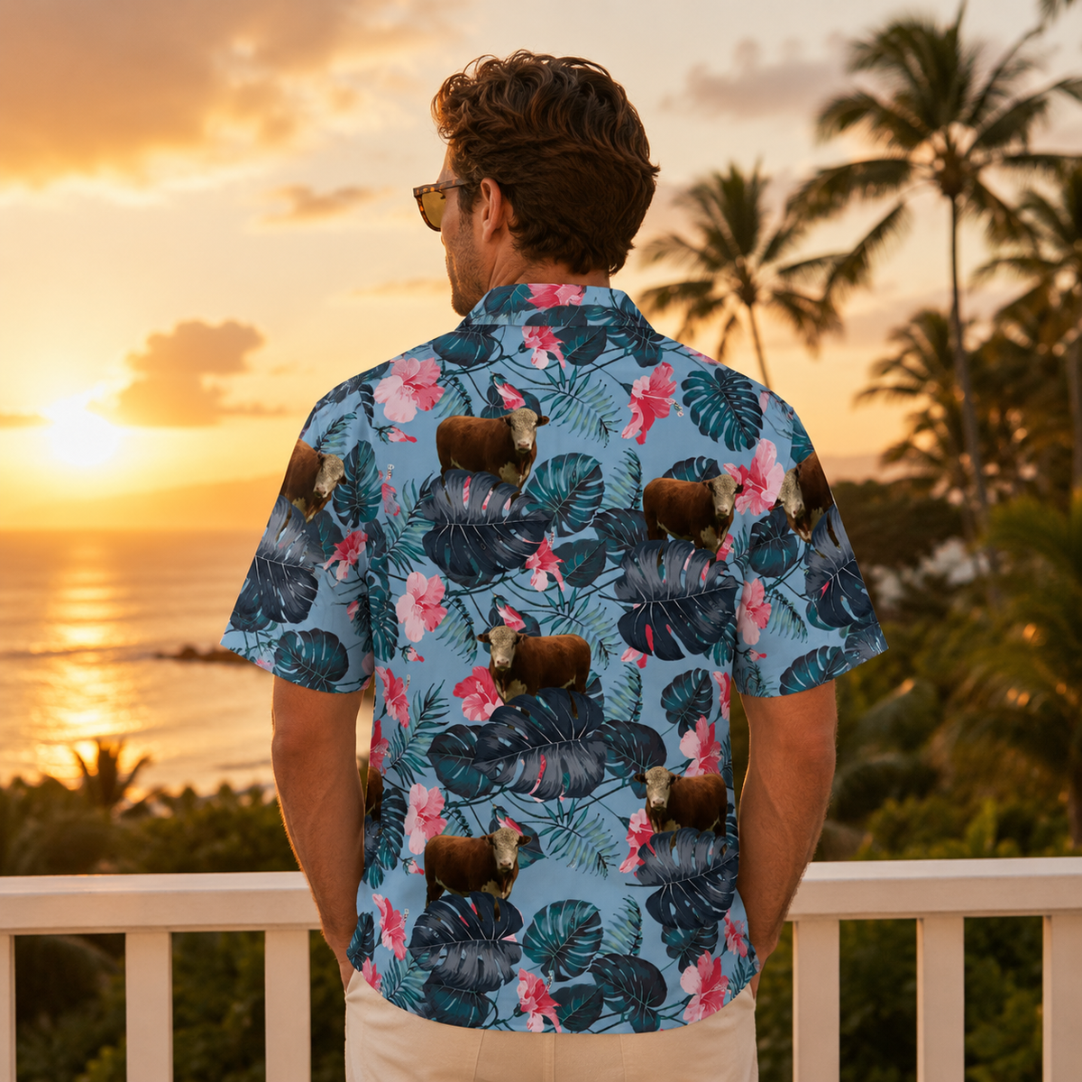 Hereford Cattle Tropical Hawaiian Shirt for Men - Pink Hibiscus Cow Farm Beach Aloha Shirt