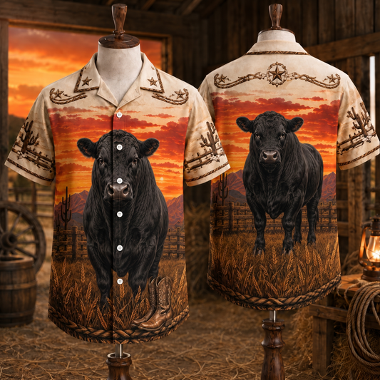Black Angus Western Sunset Hawaiian Shirt, Vintage Cowboy Black Bull Aloha Shirt, Premium Cattle Rancher Tropical Shirt, Gift for Beef Farmer Dad Husband Grandpa