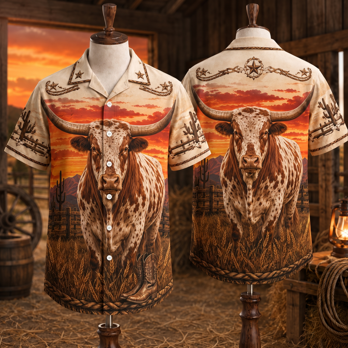 Texas Longhorn Western Hawaiian Shirt, Vintage Cowboy Ranch Aloha Shirt, Gift for Cattle Rancher Dad