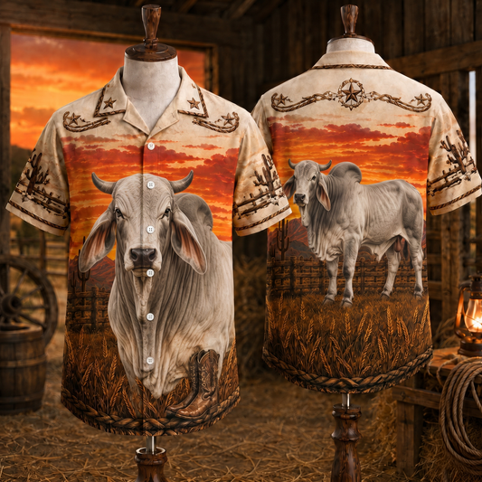 Brahman Western Hawaiian Shirt, Vintage Cowboy Ranch Aloha Shirt, Gift for Cattle Rancher Dad