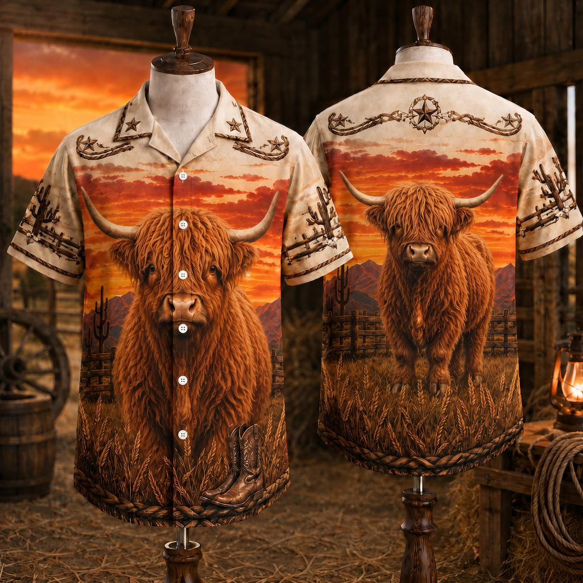 Highland Cow Western Hawaiian Shirt, Vintage Cowboy Ranch Aloha Shirt, Gift for Cattle Rancher Cow Mom