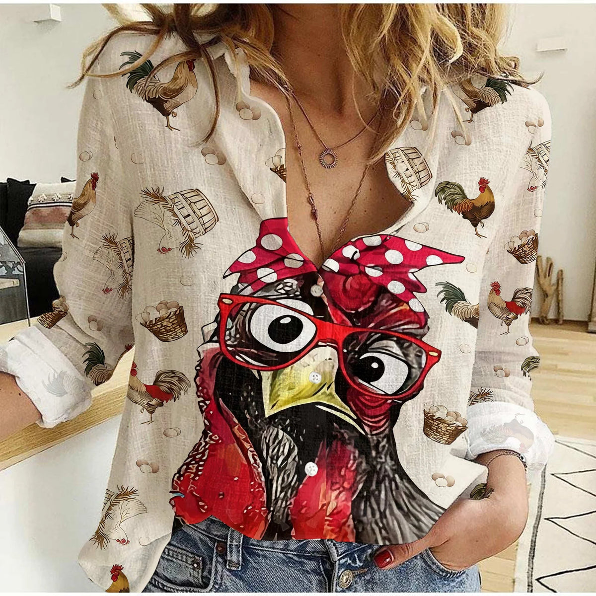 Funny Chicken Women Casual Shirt — Sassy Rooster Sunglasses Button Down  Shirt For Chicken Lovers