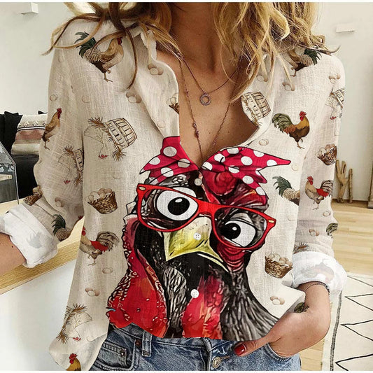 Funny Chicken Women Casual Shirt — Sassy Rooster Sunglasses Button Down  Shirt For Chicken Lovers