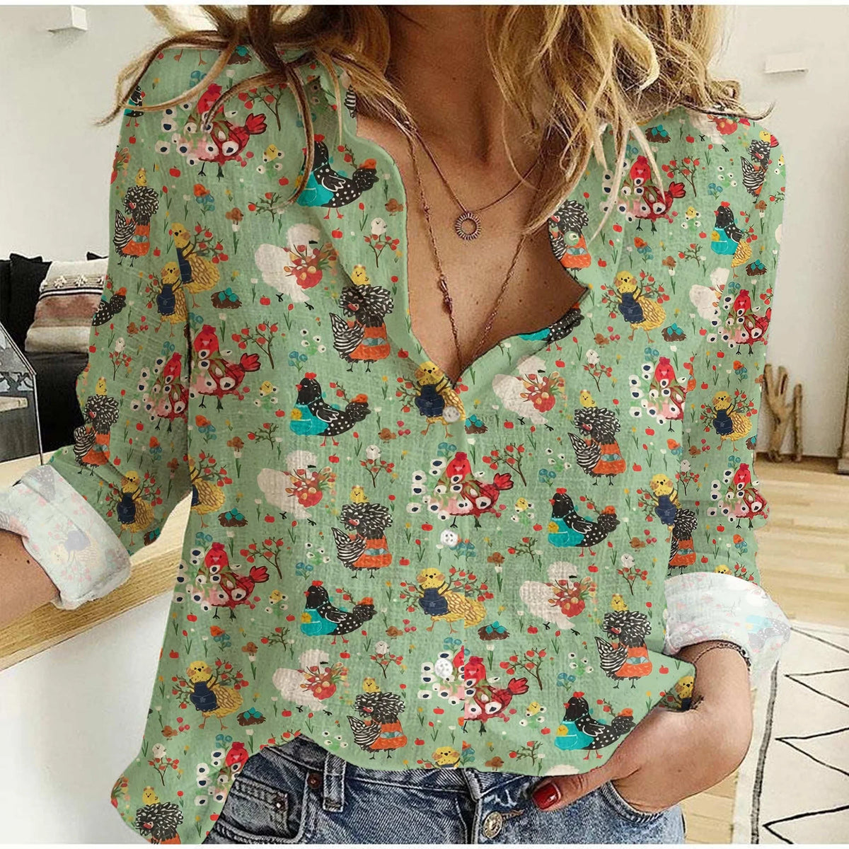 Women's Cute Chicken Print Button Down Shirt | Colorful Hen Floral Long Sleeve Casual Shirt