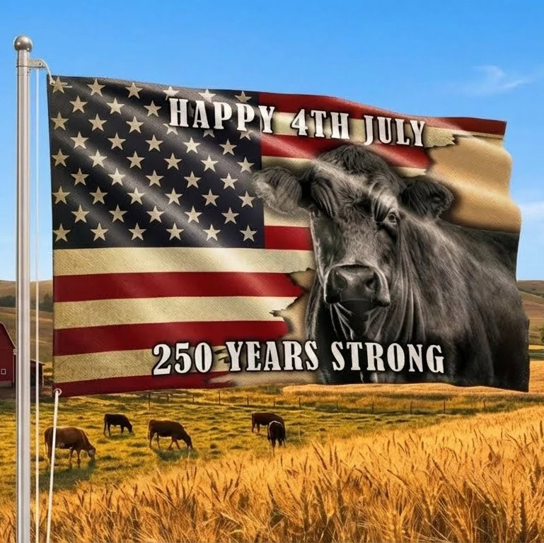 Black Angus Cattle Flag, 250 Years Strong Patriotic Cow Farm